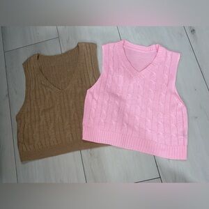 SHEIN Chunky Cable Knit V-Neck Sweater Vests in Pink & Tan